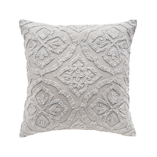 grey decorative pillow with stonewashed embroidered design