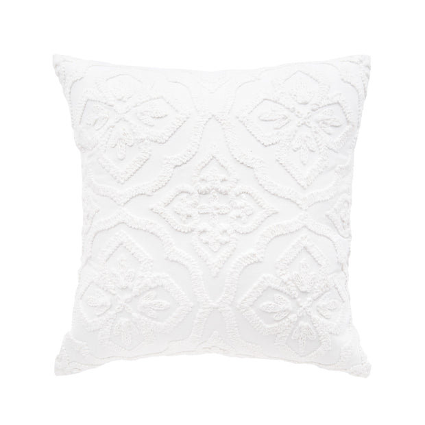 white decorative pillow with stonewashed embroidered design