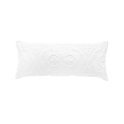 oblong white decorative pillow with a stonewashed cord embroidered design