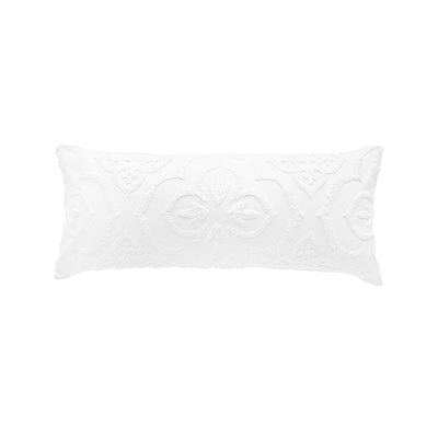 oblong white decorative pillow with a stonewashed cord embroidered design