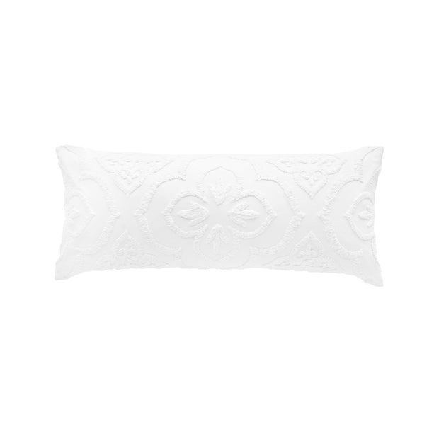 oblong white decorative pillow with a stonewashed cord embroidered design