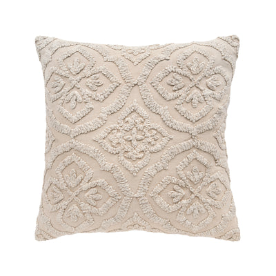 tan decorative pillow with stonewashed embroidered design