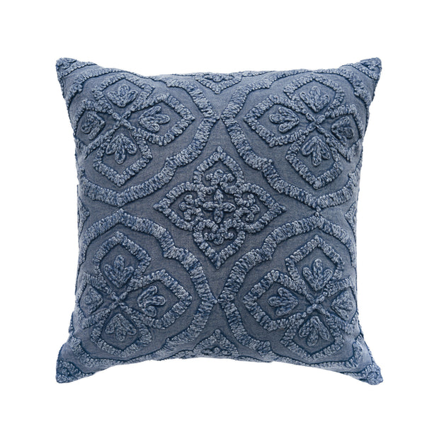 blue decorative pillow with stonewashed embroidered design
