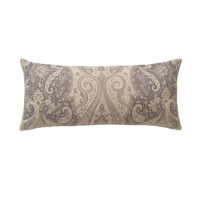 tan decorative pillow with paisley design