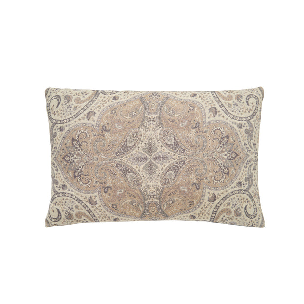 tan lumbar pillow with decorative paisley design